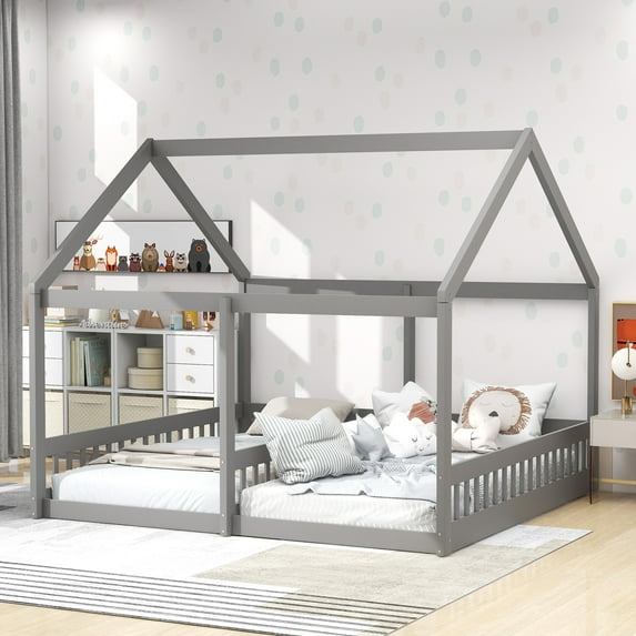 Euroco Modern Wood Two Beds in One Canopy Platform Bed, 2-in-1 Twin Size Bed for Kids Teens Bedroom, Gray