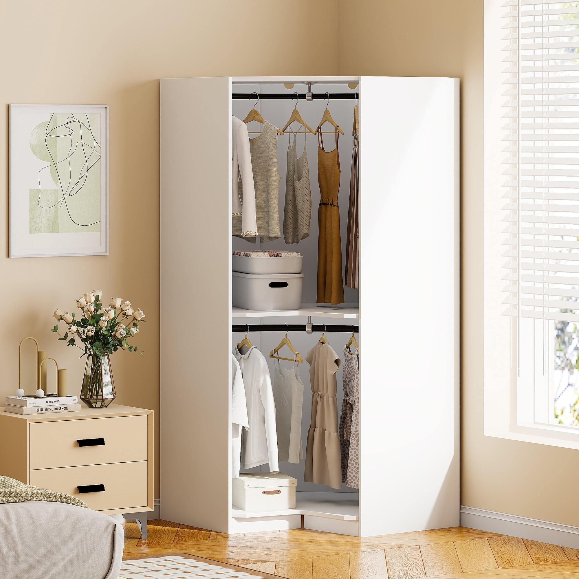 Euroco 63.6 Inch Corner Wardrobe White with Shelves and Hanging Area