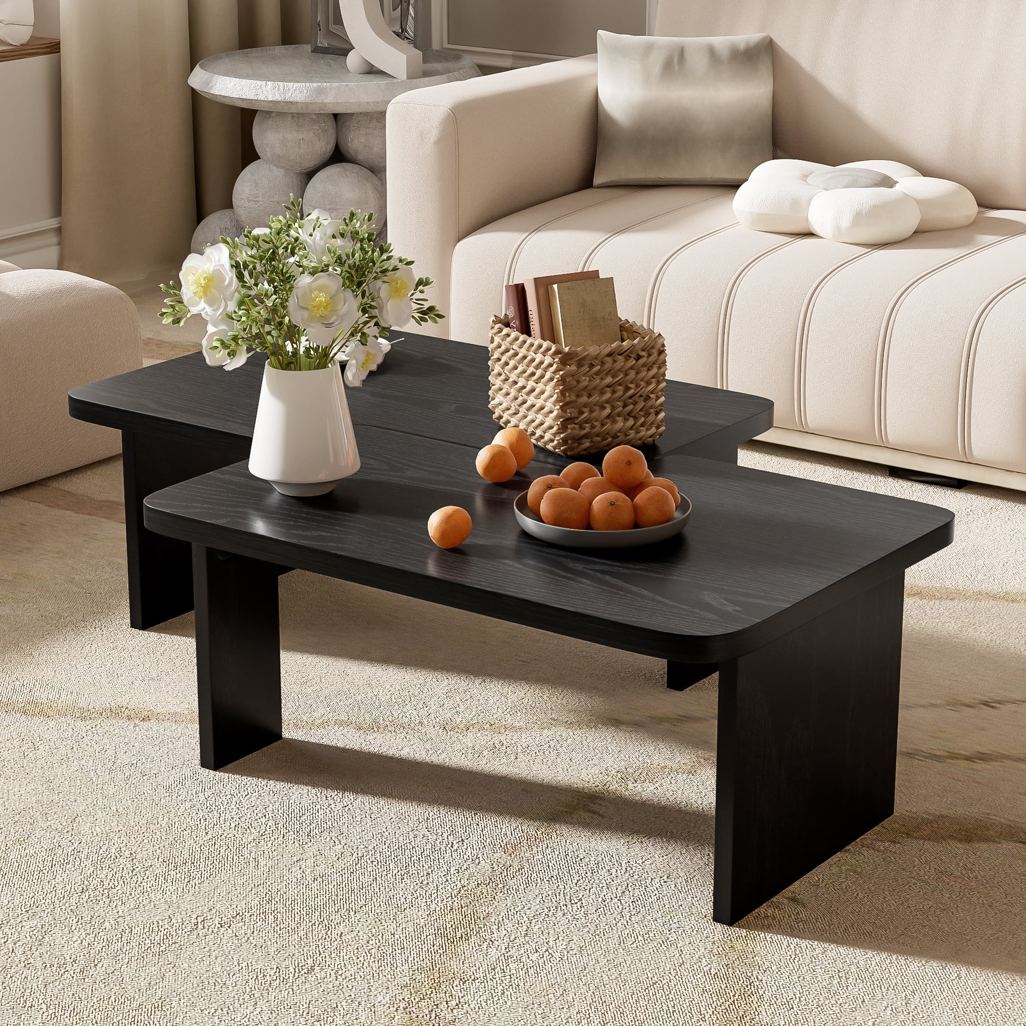 Euroco Modular Coffee Table Set of 2 – Freely Configurable Wood Grain MDF Tables with Modern Design, Compact Side Table Option