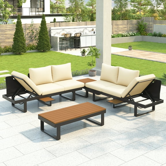 Euroco Modular Outdoor Sofa Set with Adjustable Reclining Seats, WPC Coffee Tables, Water-Resistant Cushions & Hidden Side Tables, All-Weather Patio Sectional Set