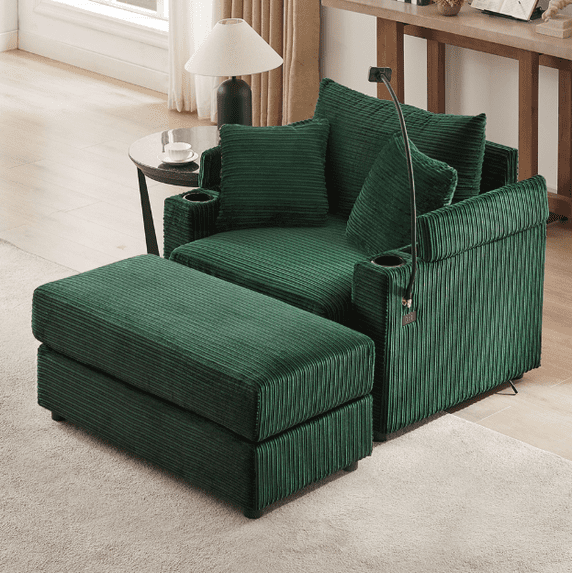 Euroco Multi-Functional Recliner Chair with Movable Ottoman, Hidden Storage Armrests, USB Ports, Cup Holders & Phone Stand, Corduroy Upholster