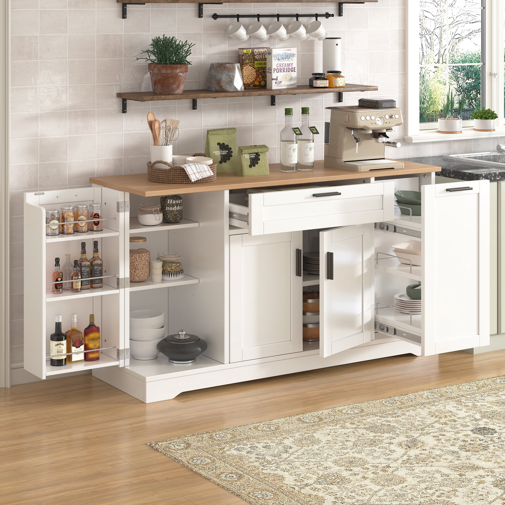Euroco Multi-Functional Sideboard Buffet Cabinet with Storage,53.7" Extendable Dining Table with Adjustable Shelves,Drawers & 3-Tier Pull-Out Rack,Wooden Coffee Bar Cabinet for Kitchen Living Room