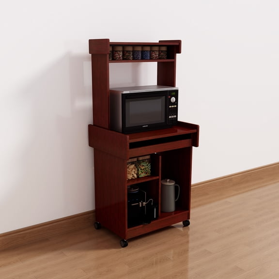Euroco Multi-Purpose Microwave Cart Coffee Station Computer Cart with Hutch and Gliding Shelf on Locking Castors, Mahogany Finish