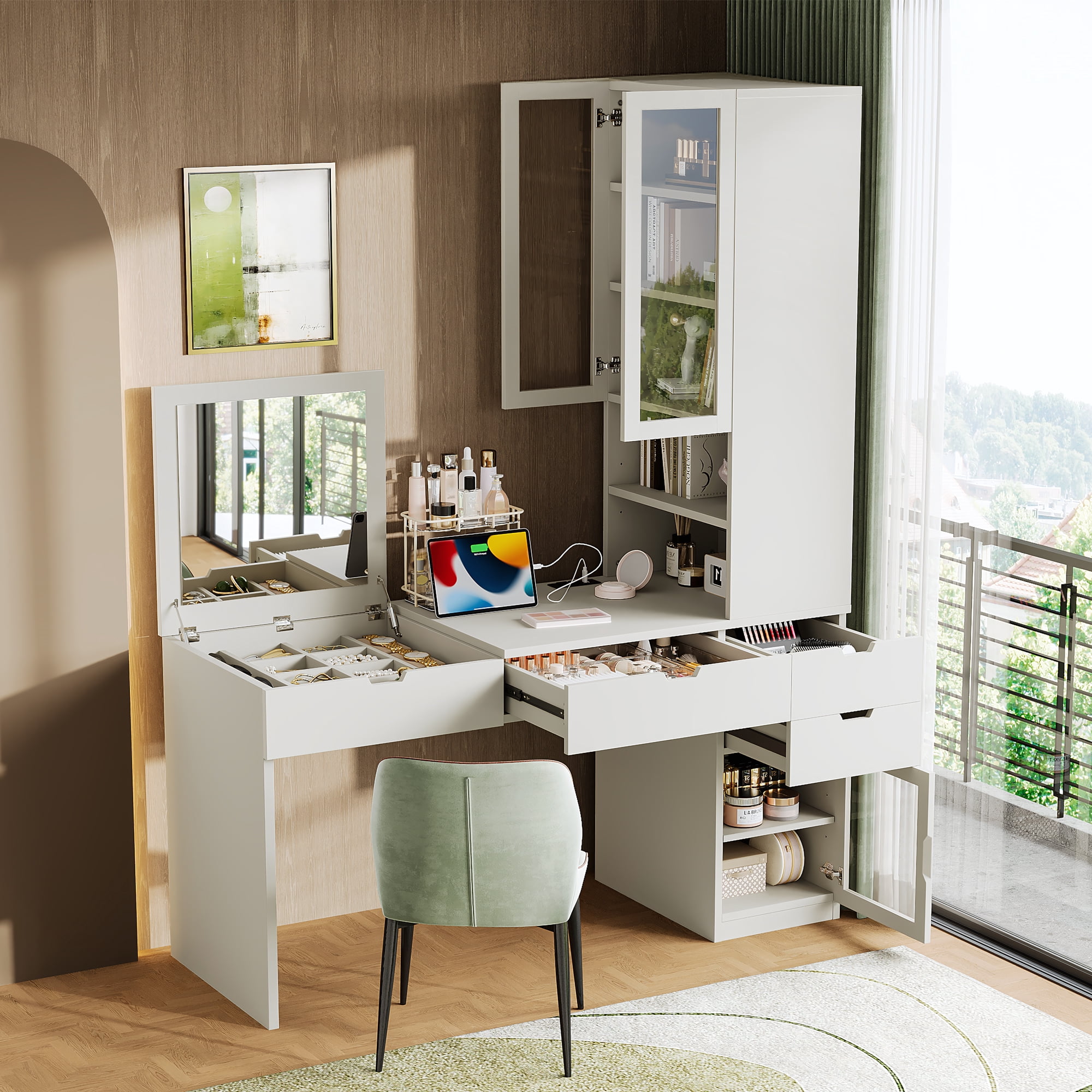 Euroco Multi-functional Vanity Desk with Mirror, Charging Station & Storage Cabinets — Ideal for Makeup, Office, and Study Use