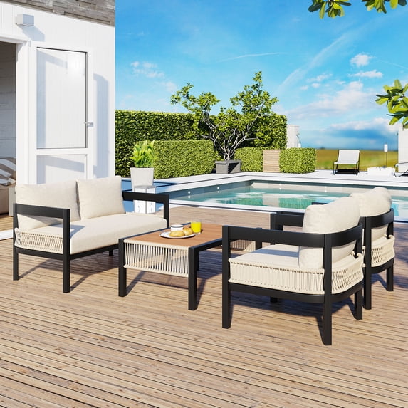 Euroco Multi-person Outdoor Iron Sofa Set with A table, Rattan Decoration, Waterproof, Rust-proof, Suitable for Garden, Lawn Use