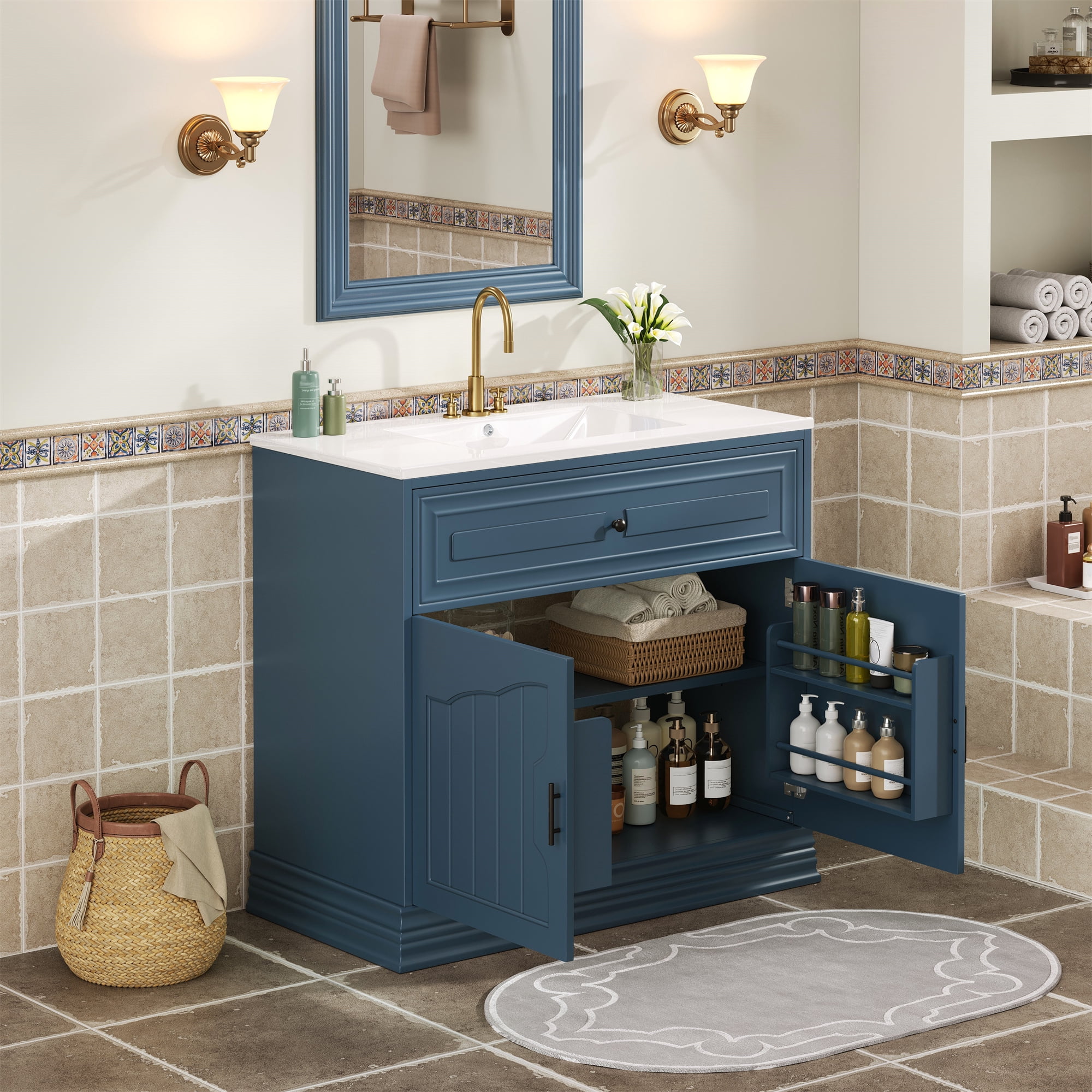 Euroco Multifunctional Bathroom Storage Cabinet with Adjustable Shelves and Cabinet Door Organizer, Classic Design with Soft-Close Hinges and Ceramic Sink, Durable MDF Construction