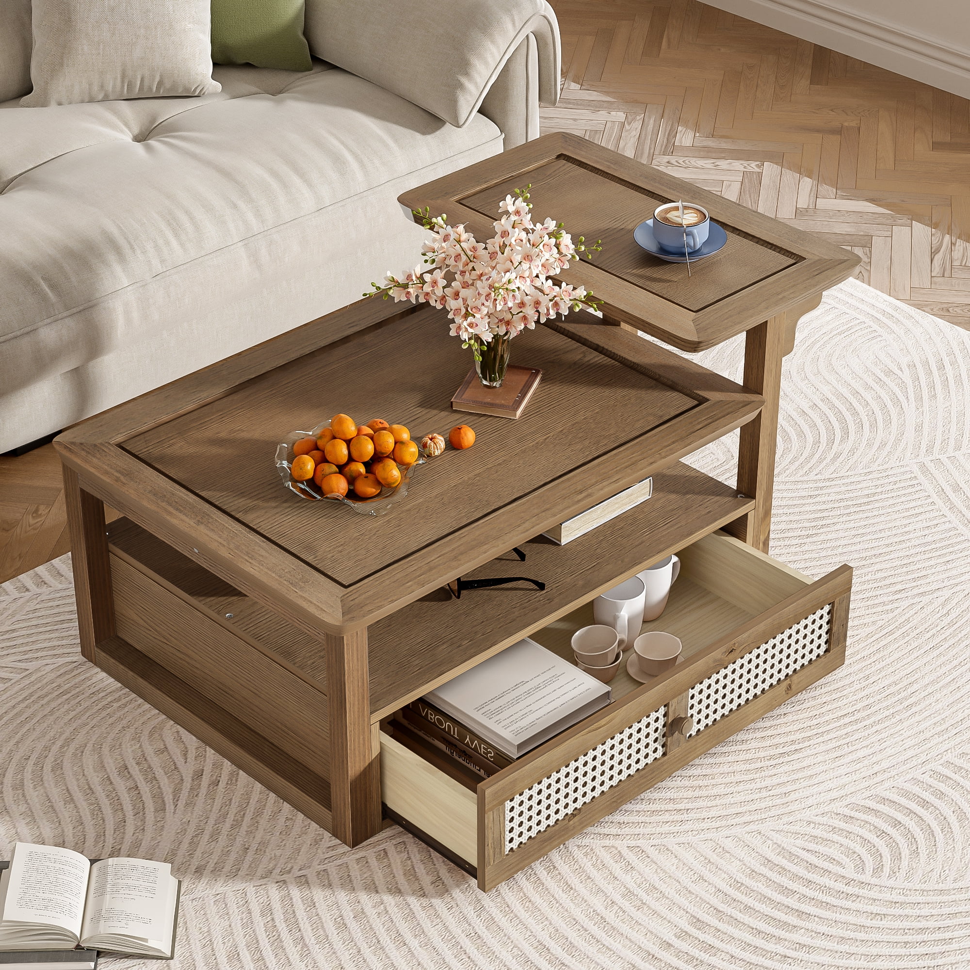 Euroco Multifunctional Coffee Table Set with Nested Design, Rattan Drawer, Pine Wood Legs – Stylish Storage and Dual Tabletops for Living Room