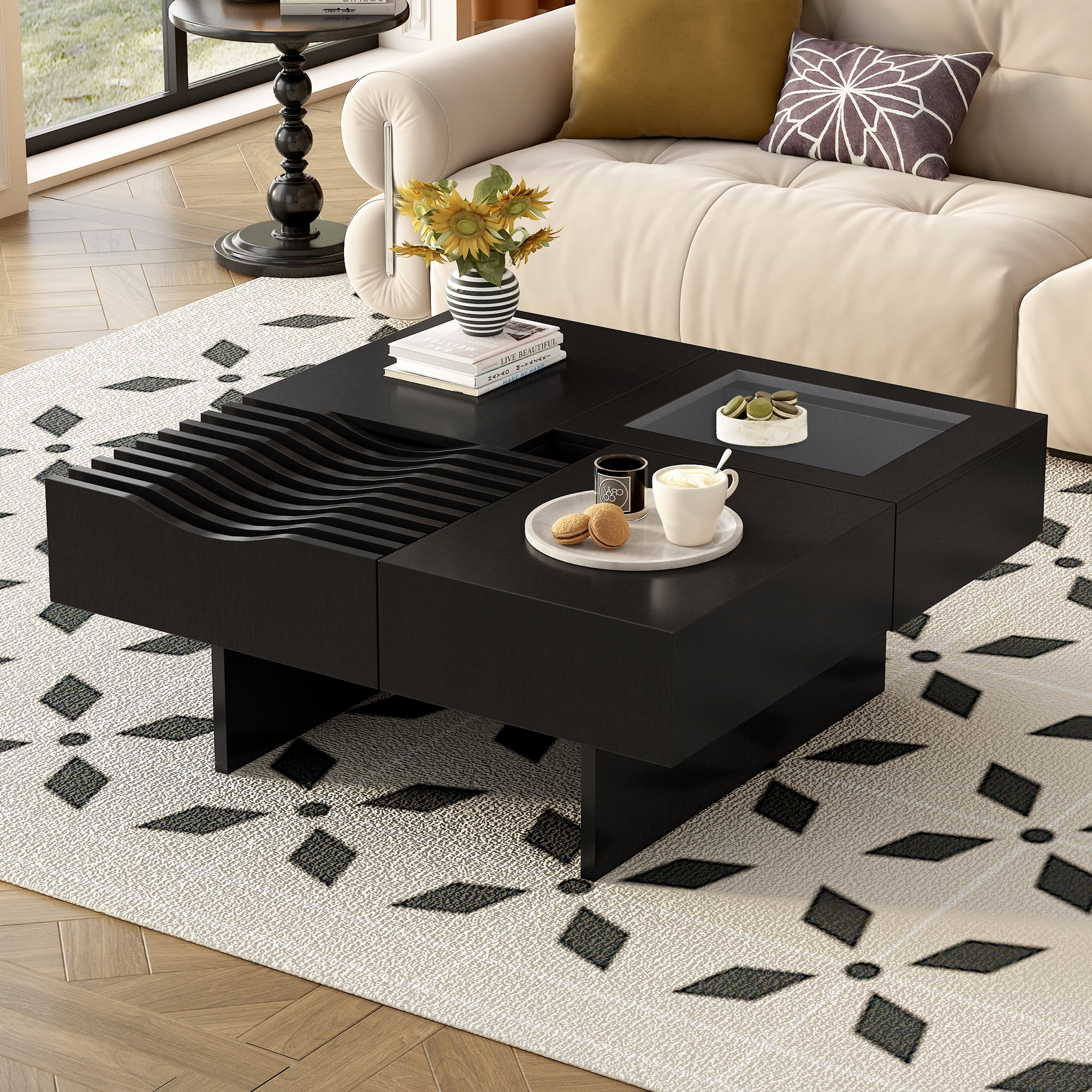 Euroco Multifunctional Square Coffee Table with Wave Design & Storage Drawers – Modern, Sturdy, Easy Assembly