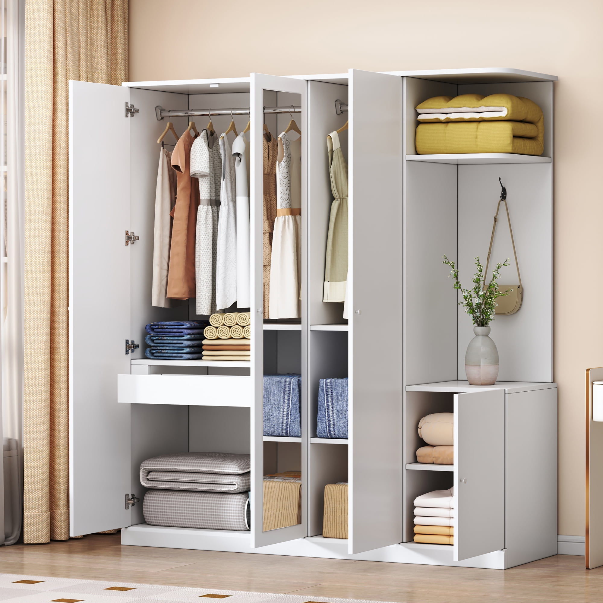 Euroco 4 Door Wardrobe with Drawers and Shelves, Wood Armoire with Mirror and Shelves, White
