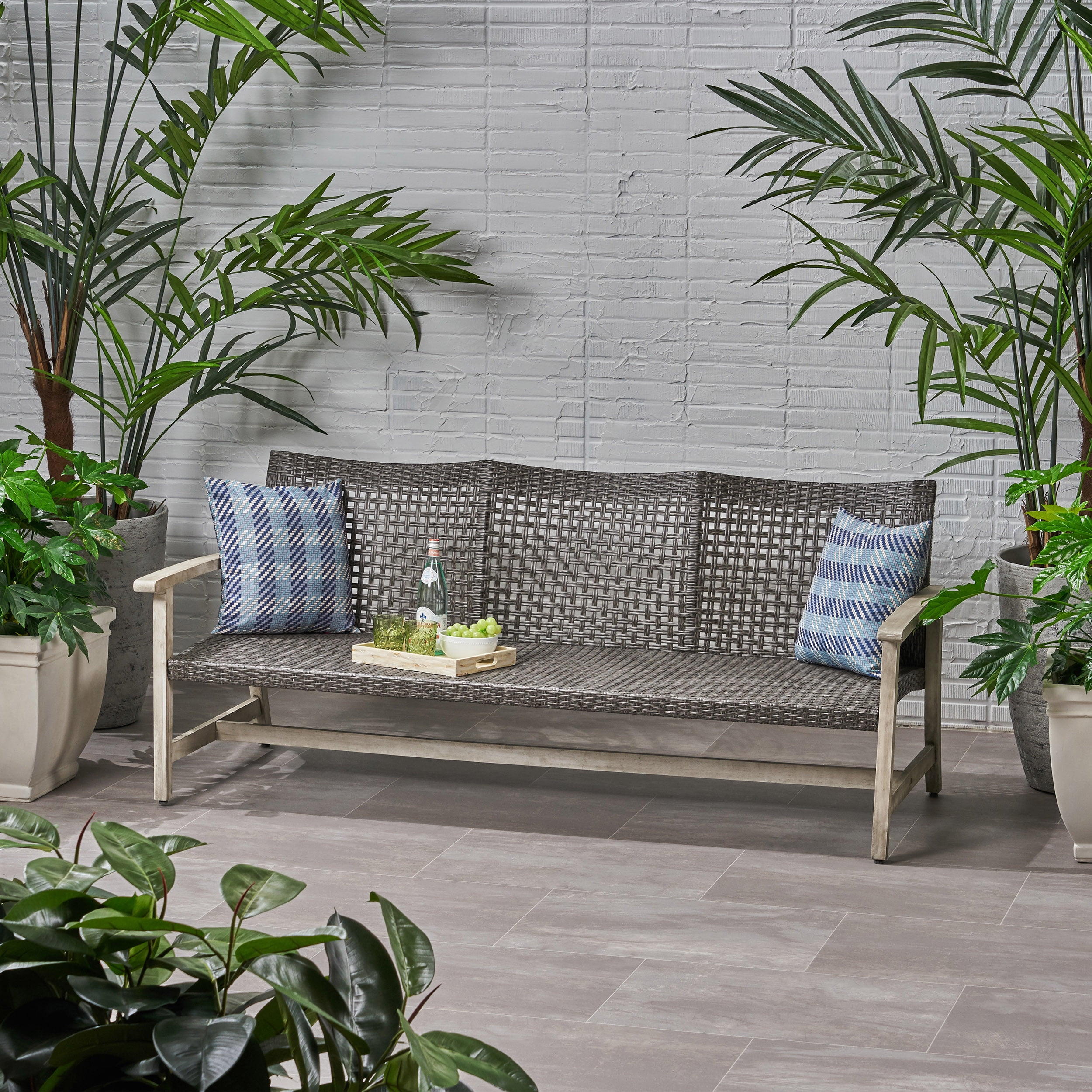 Euroco Outdoor 3-Seater Sofa with Wicker Seat, Acacia Wood Frame, and Iron Base – Weather-Resistant Patio Couch