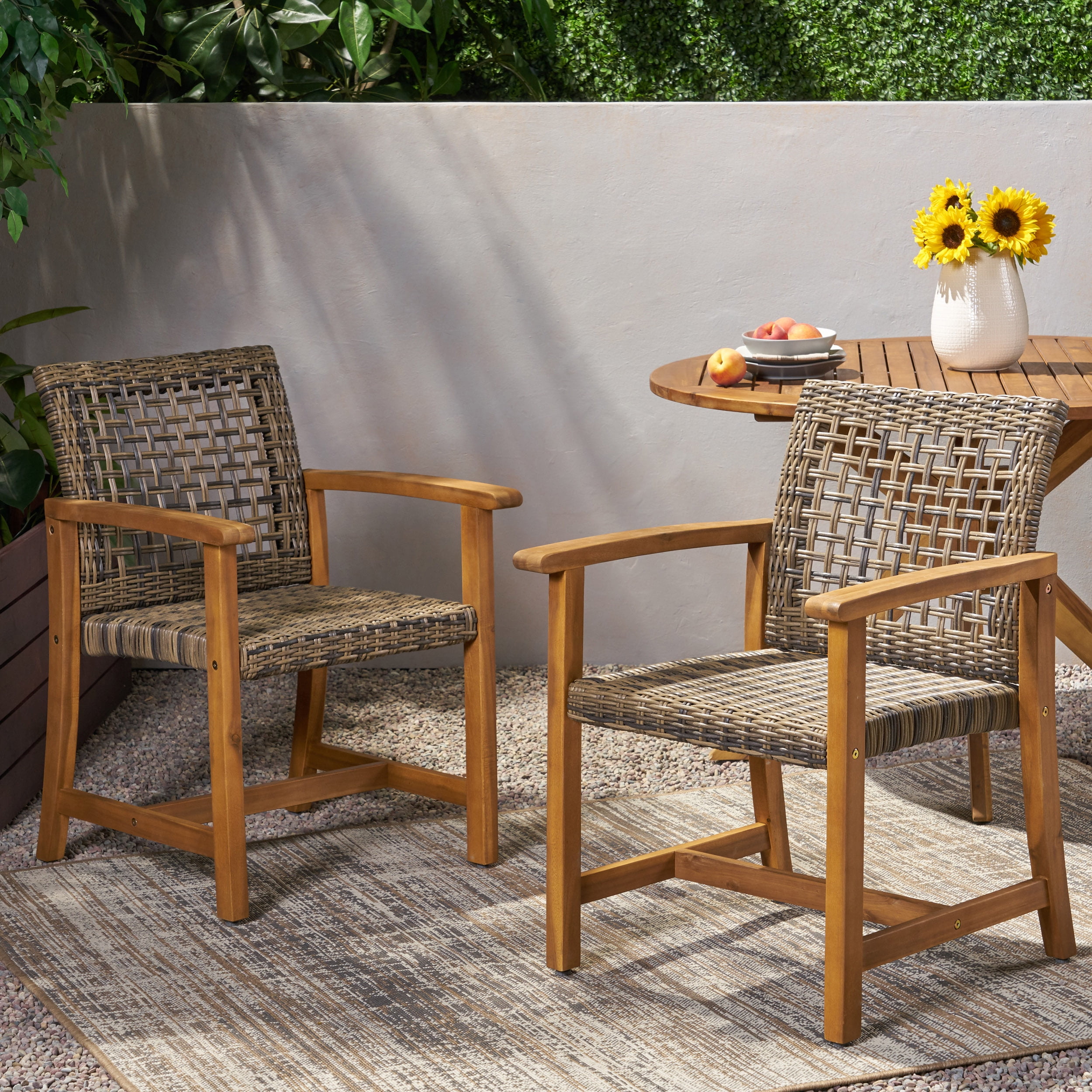 Euroco Outdoor Acacia Wood Armchair with Woven PE Rattan Seat, Weather-Resistant Patio Chair for Garden, Porch, or Deck