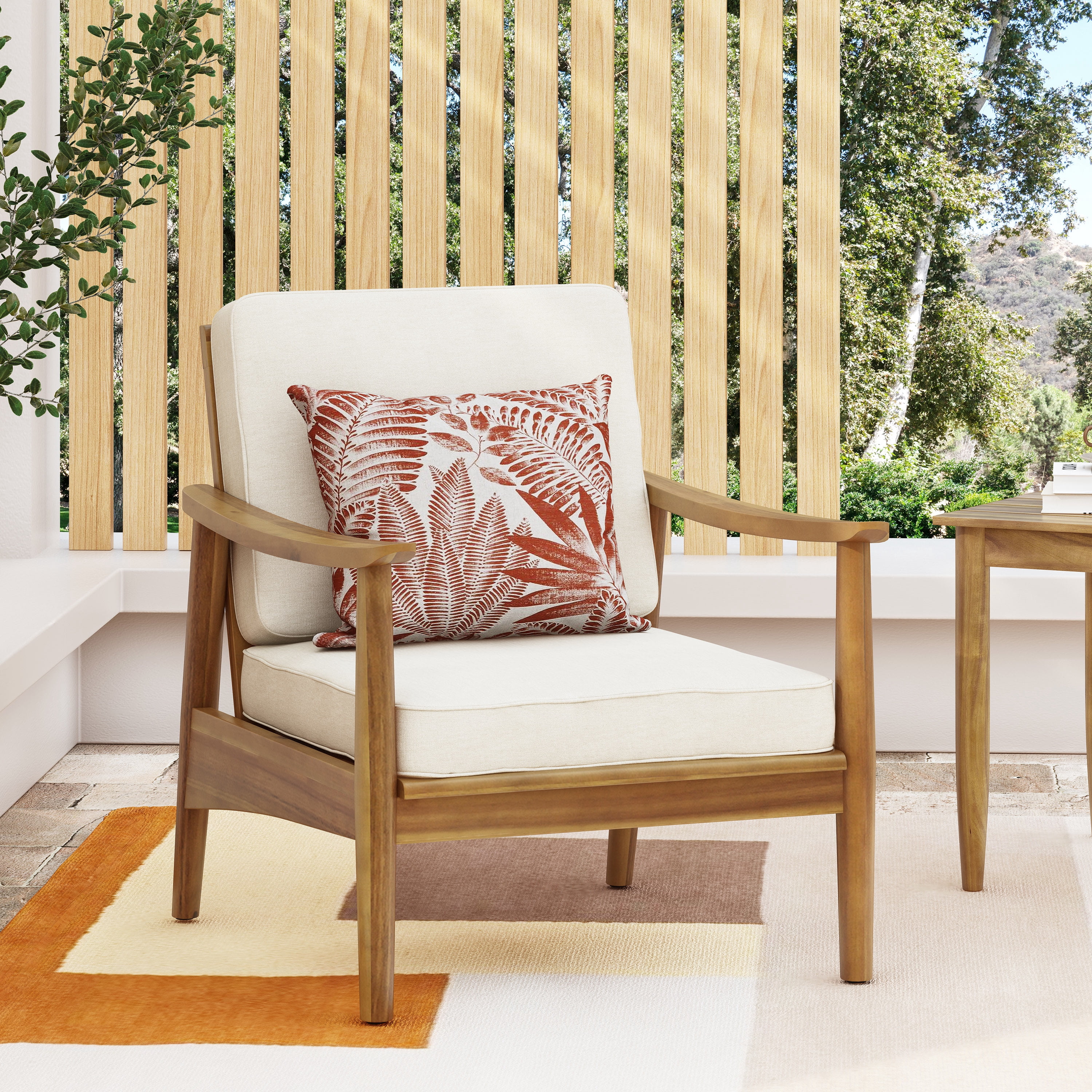 Euroco Outdoor Acacia Wood Club Chair with Slatted Design and Weather-Resistant Finish