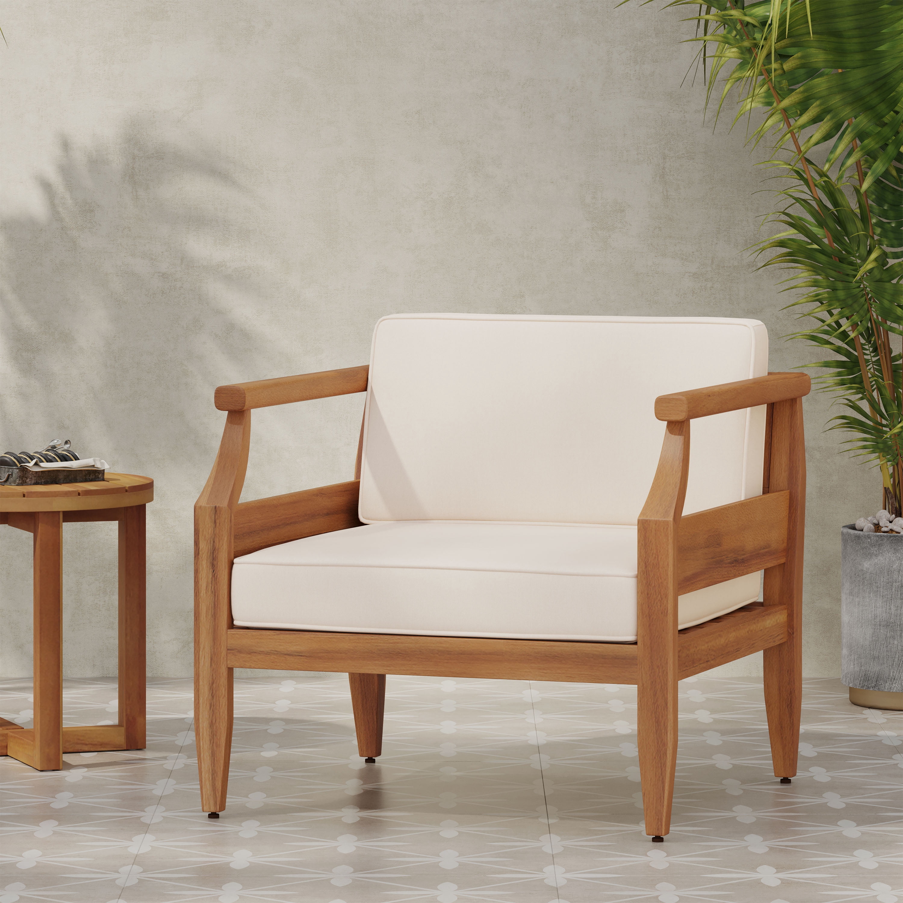 Euroco Outdoor Acacia Wood Club Chair with Water-Resistant Cushions – Open-Slat Back Patio Armchair, 400 lb Capacity