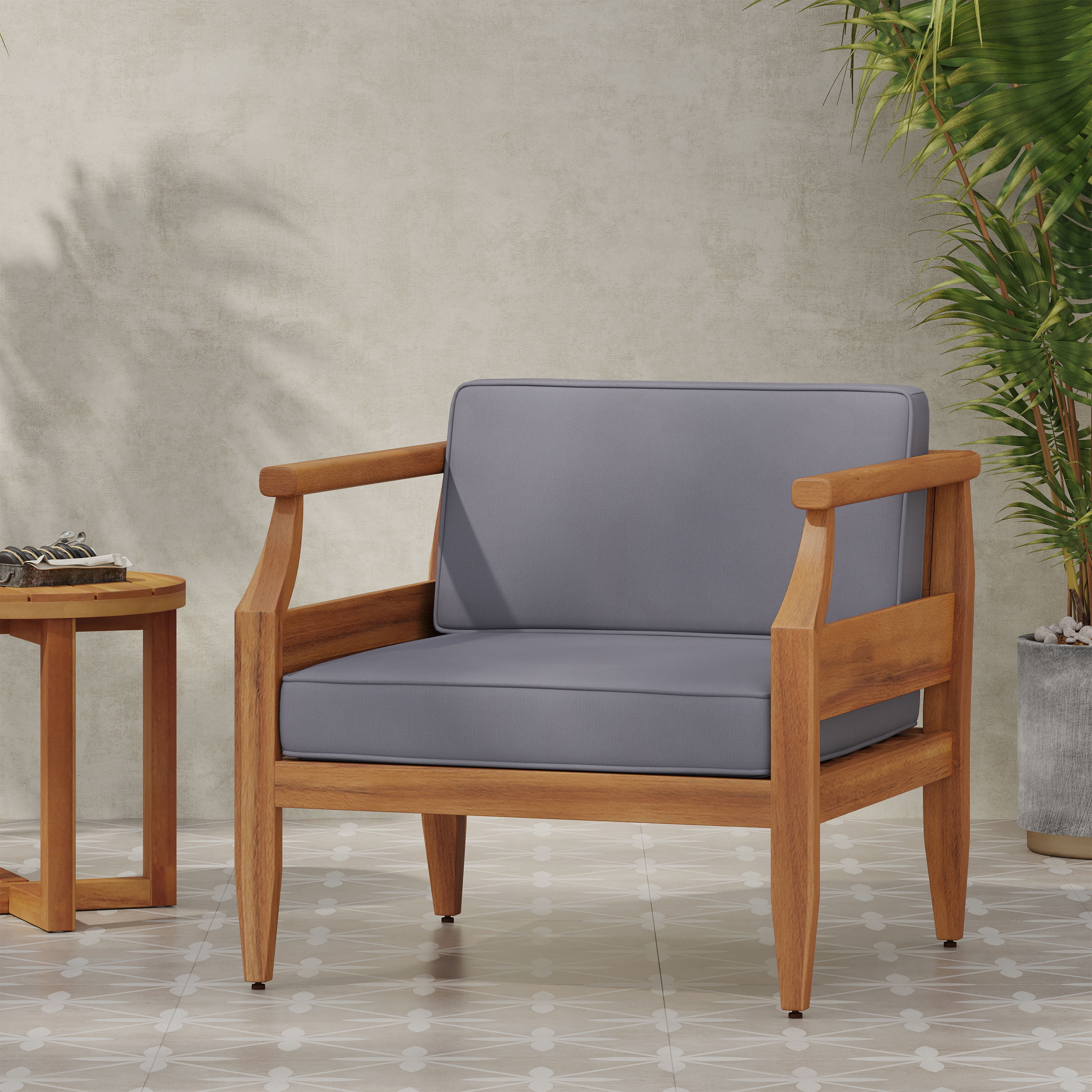 Euroco Outdoor Acacia Wood Club Chair with Water-Resistant Cushions – Open-Slat Back Patio Armchair, 400 lb Capacity