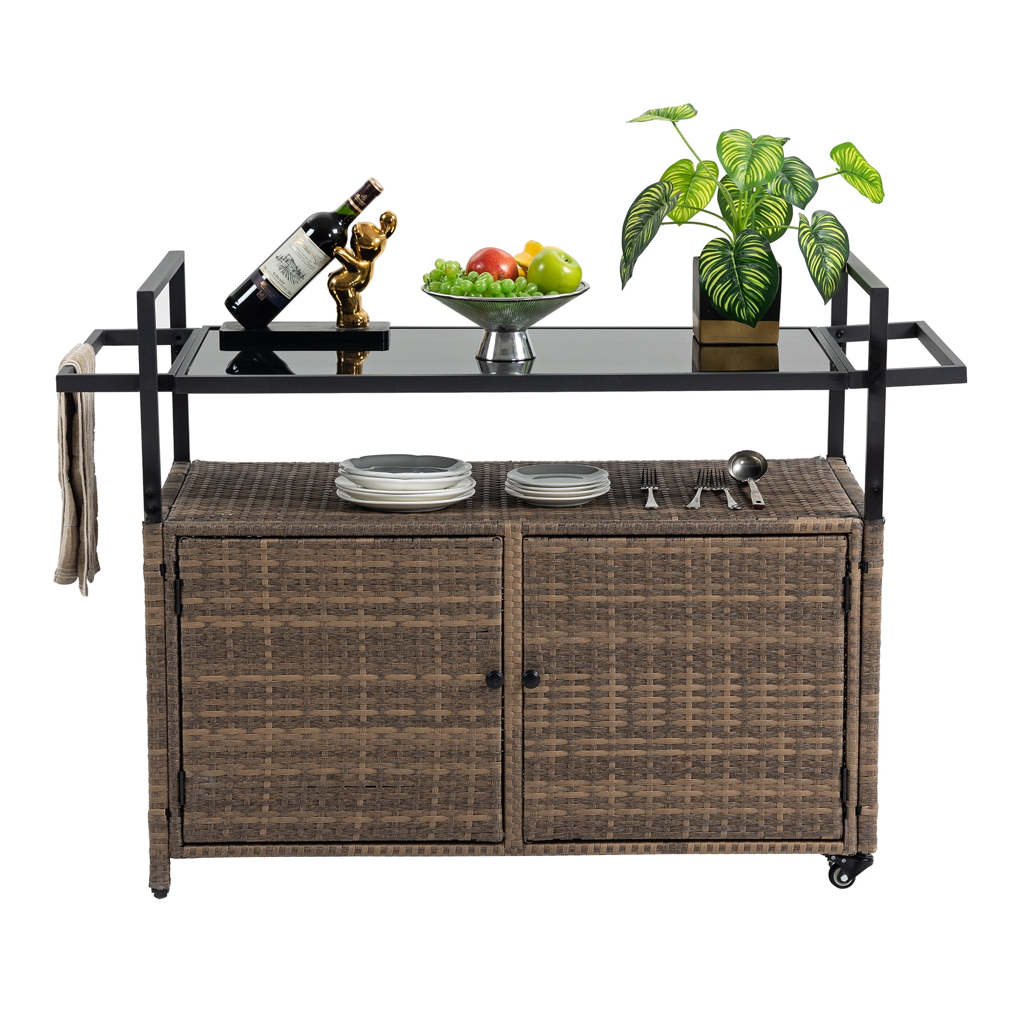 Euroco Outdoor Bar Serving Cart with Glass Top, 2-Tier Storage, Durable Metal Frame, 360° Lockable Wheels, Patio Beverage & Utility Trolley