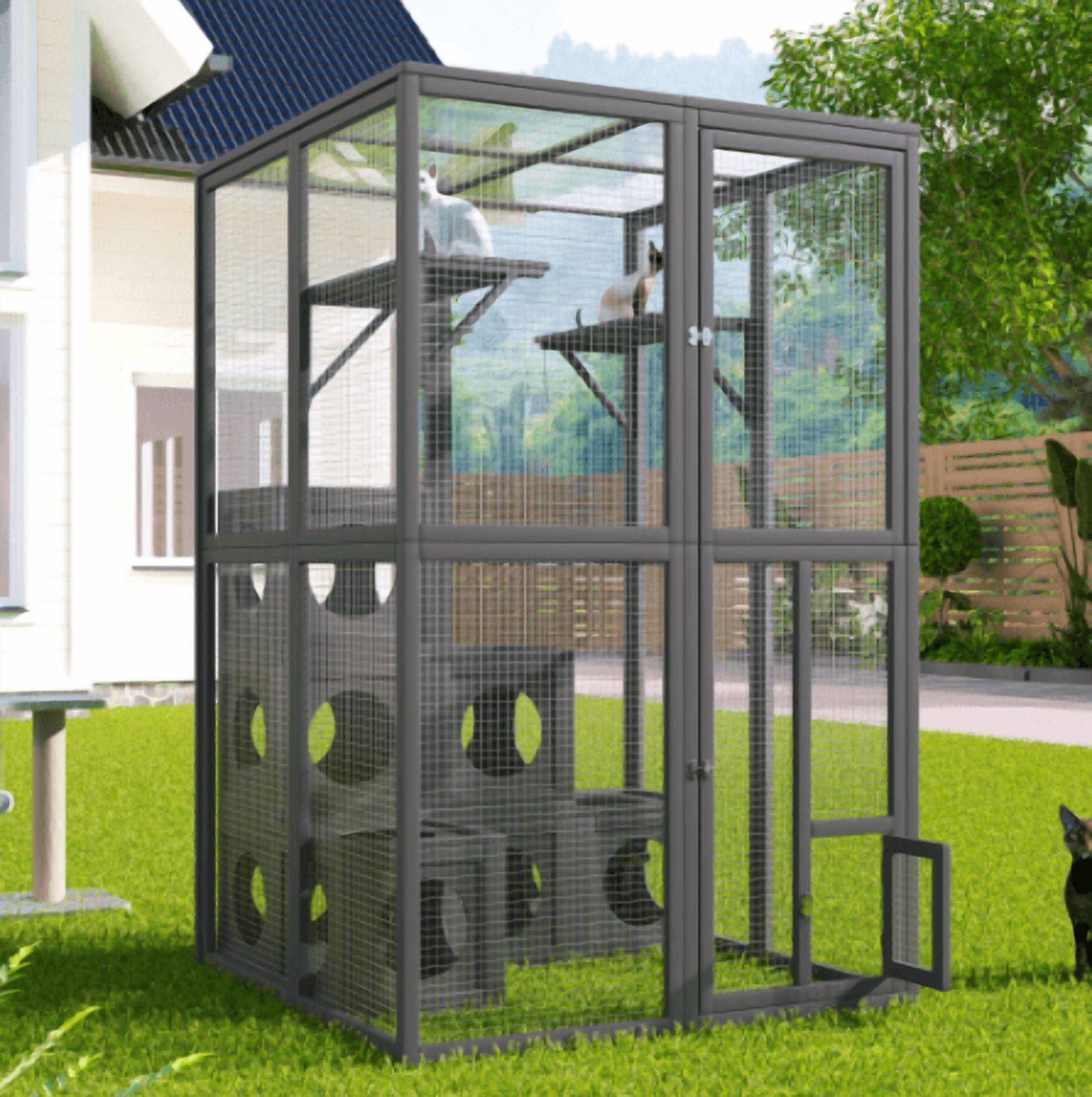 Euroco Outdoor Cat Catio Cat shelves Grey pine wood Playground Cat Weather protection With 7 Freely Combination wood boxes, Double Enter Doors
