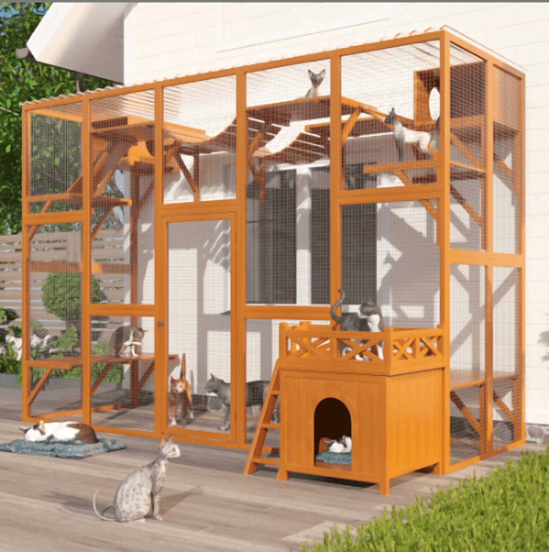Euroco Outdoor Cat house Cat shelves Natural Wood Playground Cat Window Box Outside Enclosure Weather protection, With FREE Cat House