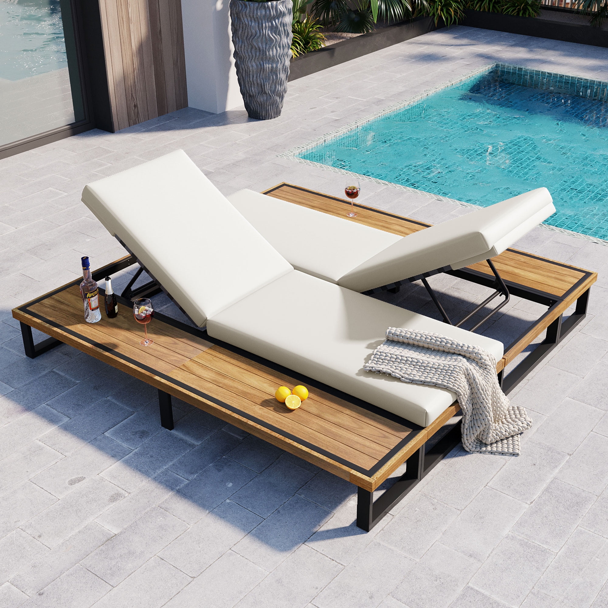 Euroco Outdoor Chaise Lounge Chair Set of 2 with 5-Position Adjustable Backrest , Reclinings with Cushions, Patio Loungers with Wood Side Table, Sturdy Frame