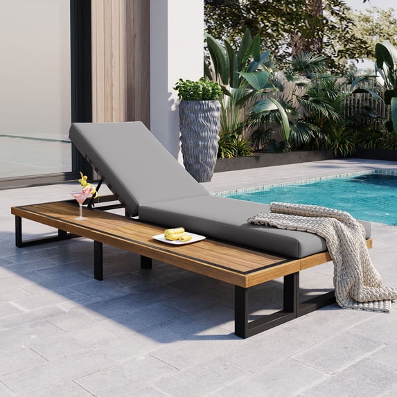 Euroco Outdoor Chaise Lounge Chair with 5-Position Adjustable Backrest, Patio Lounger with Wood Side Table, Sturdy Frame