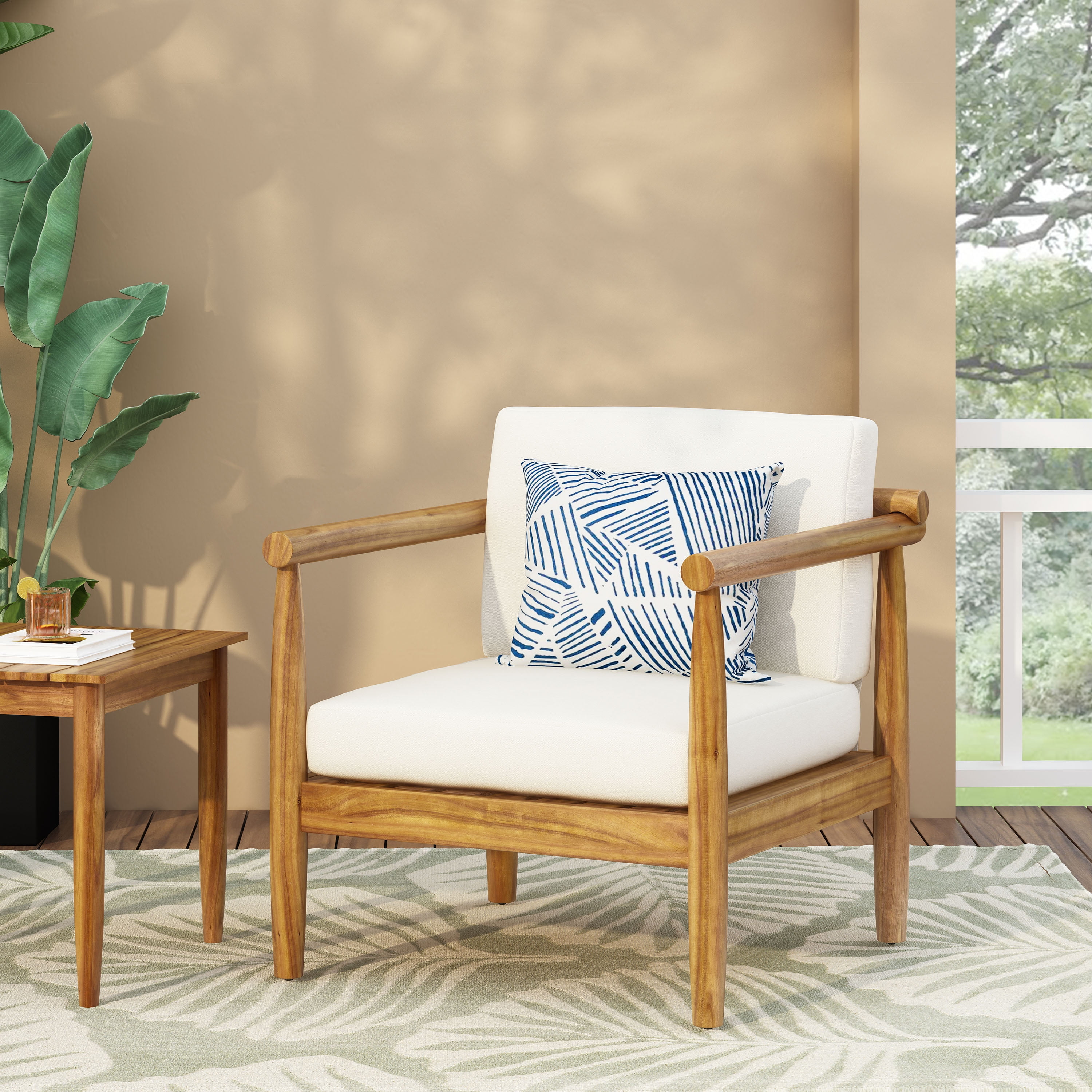 Euroco Outdoor Club Chair Set with Water-Resistant Cushions, Acacia Wood Frame and Slatted Back Design for Patio, Deck, or Garden