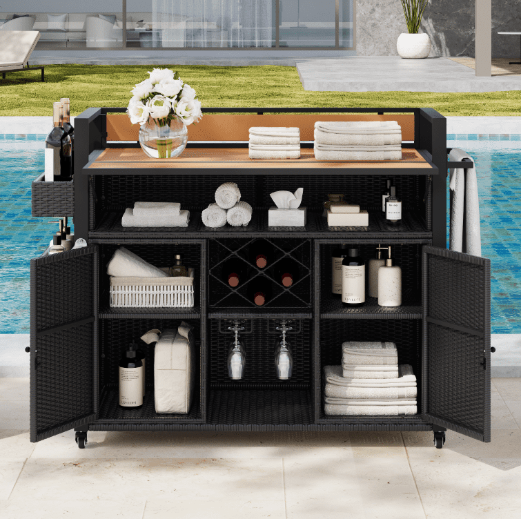 Euroco Outdoor Grill Cart with Drop Leaf Design, Ample Storage, Wine Rack & Lockable Wheels – Durable Poly-Wood & Rattan Construction for Indoor/Outdoor Use