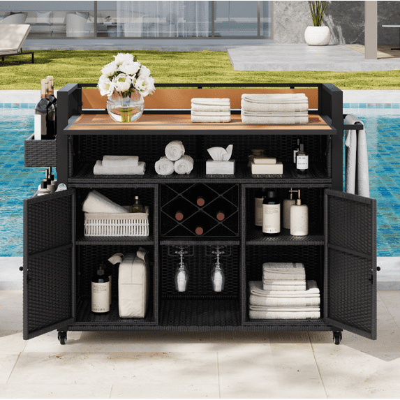 Euroco Outdoor Grill Cart with Drop Leaf Design, Ample Storage, Wine Rack & Lockable Wheels – Durable Poly-Wood & Rattan Construction for Indoor/Outdoor Use