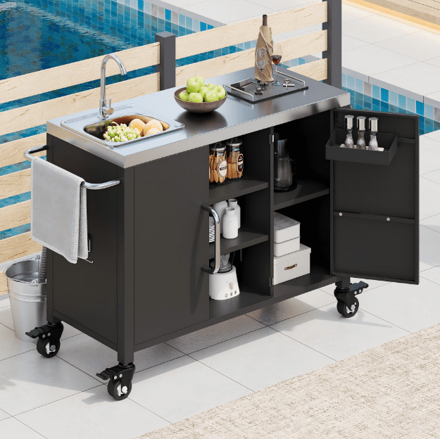 Euroco Outdoor Kitchen Prep Station Cart with Sink & Faucet, 304 Stainless Steel BBQ Cart with Cabinet Storage, Spice Rack & Wheels, Black