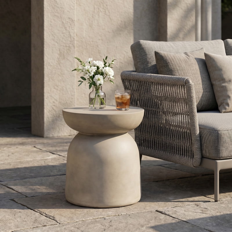Euroco Outdoor LightWeight Concrete Side Table,Round Top MGO End Table for Patio,Garden, Living Room,Light Grey