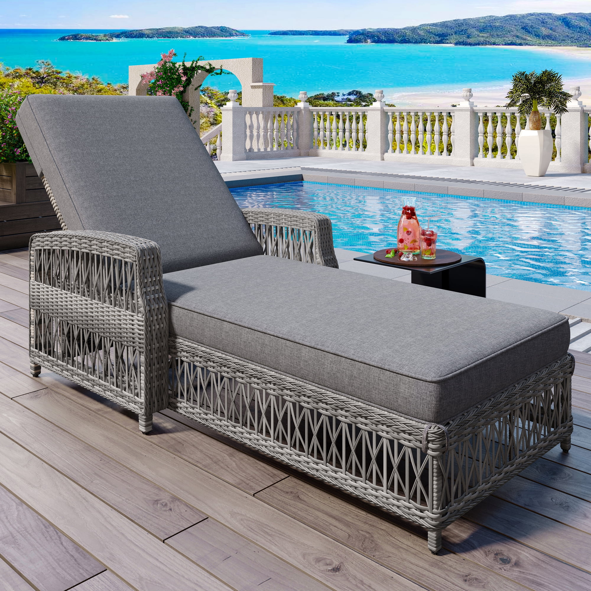 Euroco Outdoor Long Reclining Chaise, Wicker Lounge with Armrests, Patio Adjustable Recliner with Soft Removable Cushions, All Weather Rattan Pool Lounge