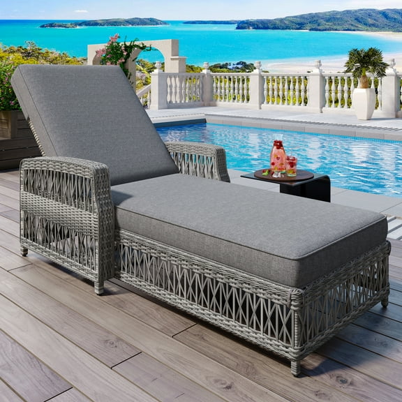 Euroco Outdoor Long Reclining Chaise, Wicker Lounge with Armrests, Patio Adjustable Recliner with Soft Removable Cushions, All Weather Rattan Pool Lounge