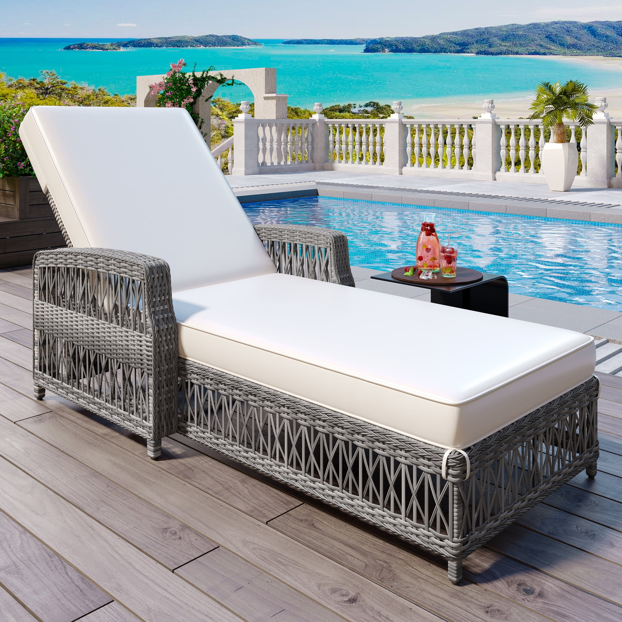 Euroco Outdoor Long Reclining Chaise, Wicker Lounge with Armrests, Patio Adjustable Recliner with Soft Removable Cushions, All Weather Rattan Pool Lounge