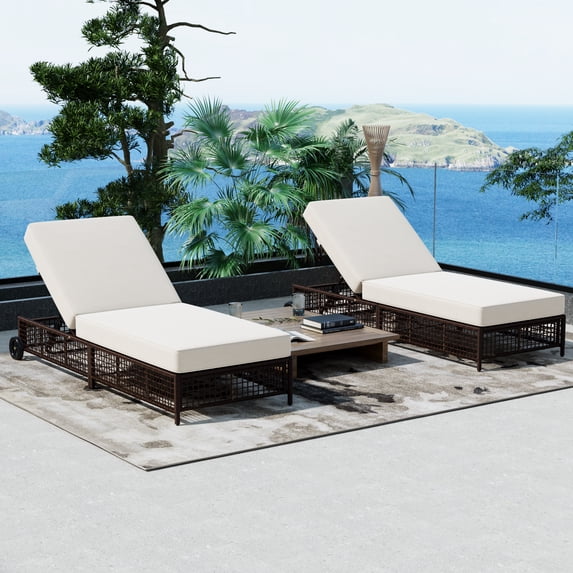Euroco Outdoor Rattan Chaise Lounge Chair with 5-Position Adjustable Backrest, Wheels & Cushion, Weather-Resistant Wicker Recliner for Patio, Poolside, Garden – Available in Single or 2-Piece Set