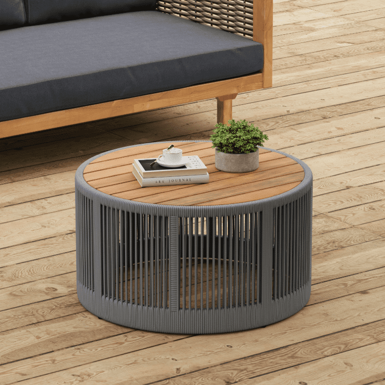 Euroco Outdoor Rattan rope & Acacia Wood Coffee Table - Patio Balcony Furniture for Garden, Yard, Balcony - Weather Resistant (Rope Grey, Natural Iron)