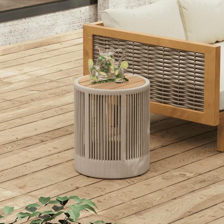 Euroco Outdoor Rattan rope & Acacia Wood Side Table - Patio Balcony Furniture for Garden, Yard, Balcony - Weather Resistant(Rope Beige, Natural Iron)