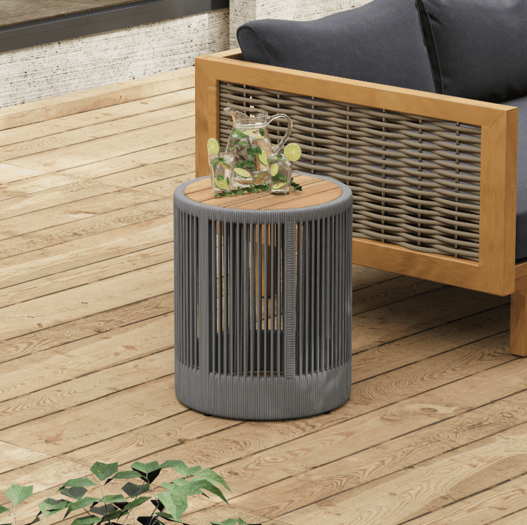 Euroco Outdoor Rattan rope & Acacia Wood Side Table - Patio Balcony Furniture for Garden, Yard, Balcony - Weather Resistant(Rope Grey, Natural Iron)