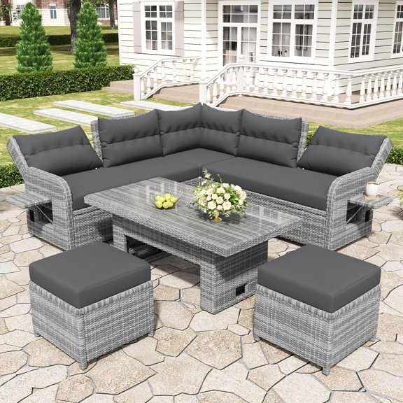 Euroco Outdoor Recliner Sofa Set with Adjustable Table, Movable Ottomans & Side Tables