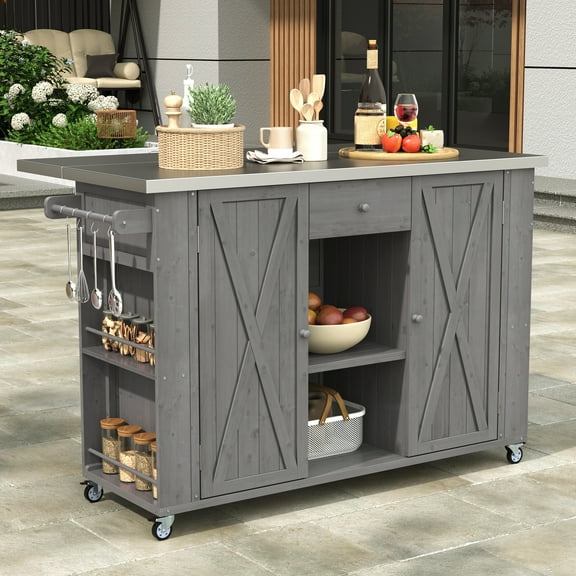 Euroco Outdoor Rolling Kitchen Island with Storage Shelves, Spice Racks, Towel Bars & Bottle, Foldable Stainless Steel Top, Solid Fir Wood Frame, Gray