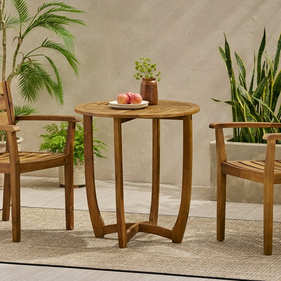 Euroco Outdoor Round Bistro Table with Slatted Top and Rustic Cross-Leg Base, Solid Acacia Wood Construction – Weather-Resistant Patio Table for Balcony or Garden