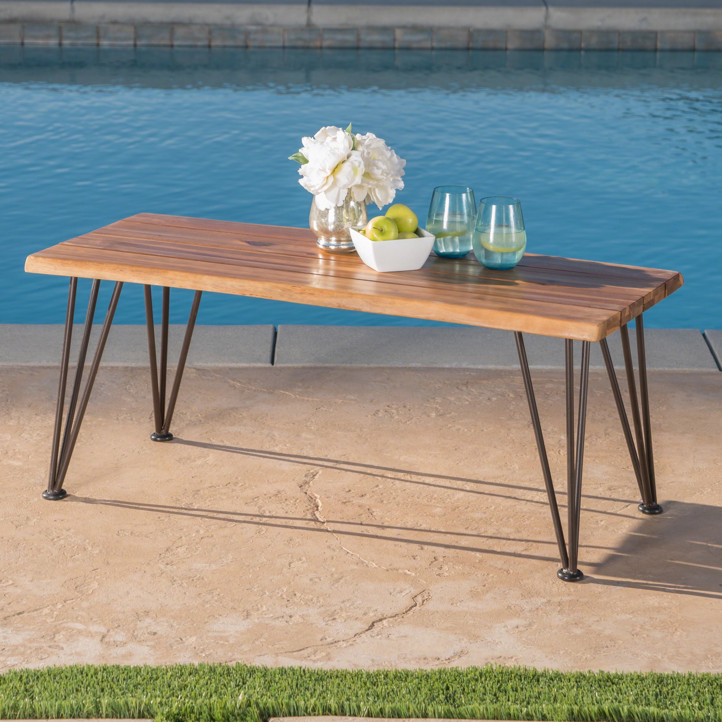 Euroco Outdoor Rustic Industrial Coffee Table – Acacia Wood Top with Metal Frame, Weather-Resistant Patio Table, 43"x18"
