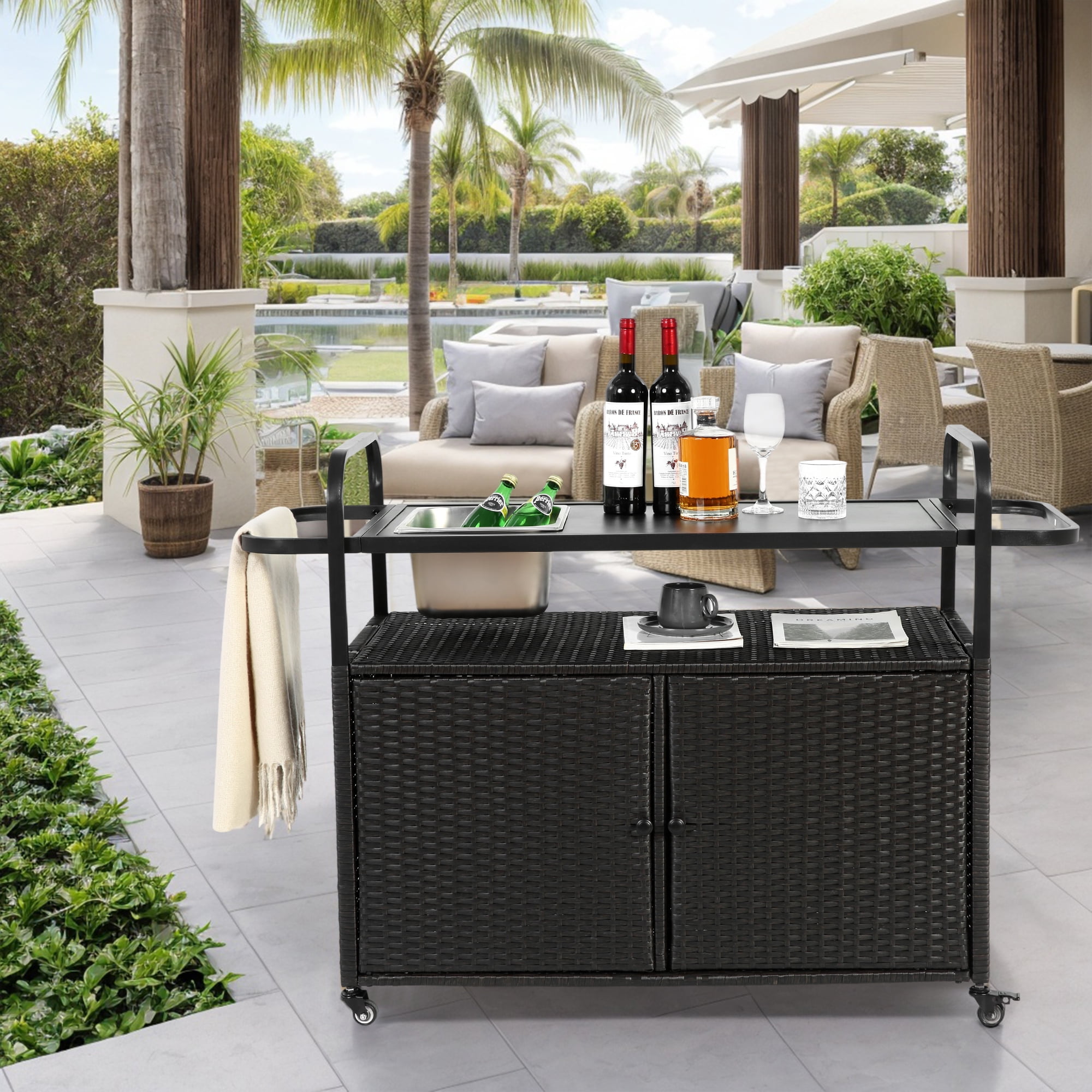 Euroco Outdoor Utility Serving Cart with Handle & Side Basket, All-Weather Resin Construction, Lockable Wheels, Easy to Move & Maintain, Patio Bar