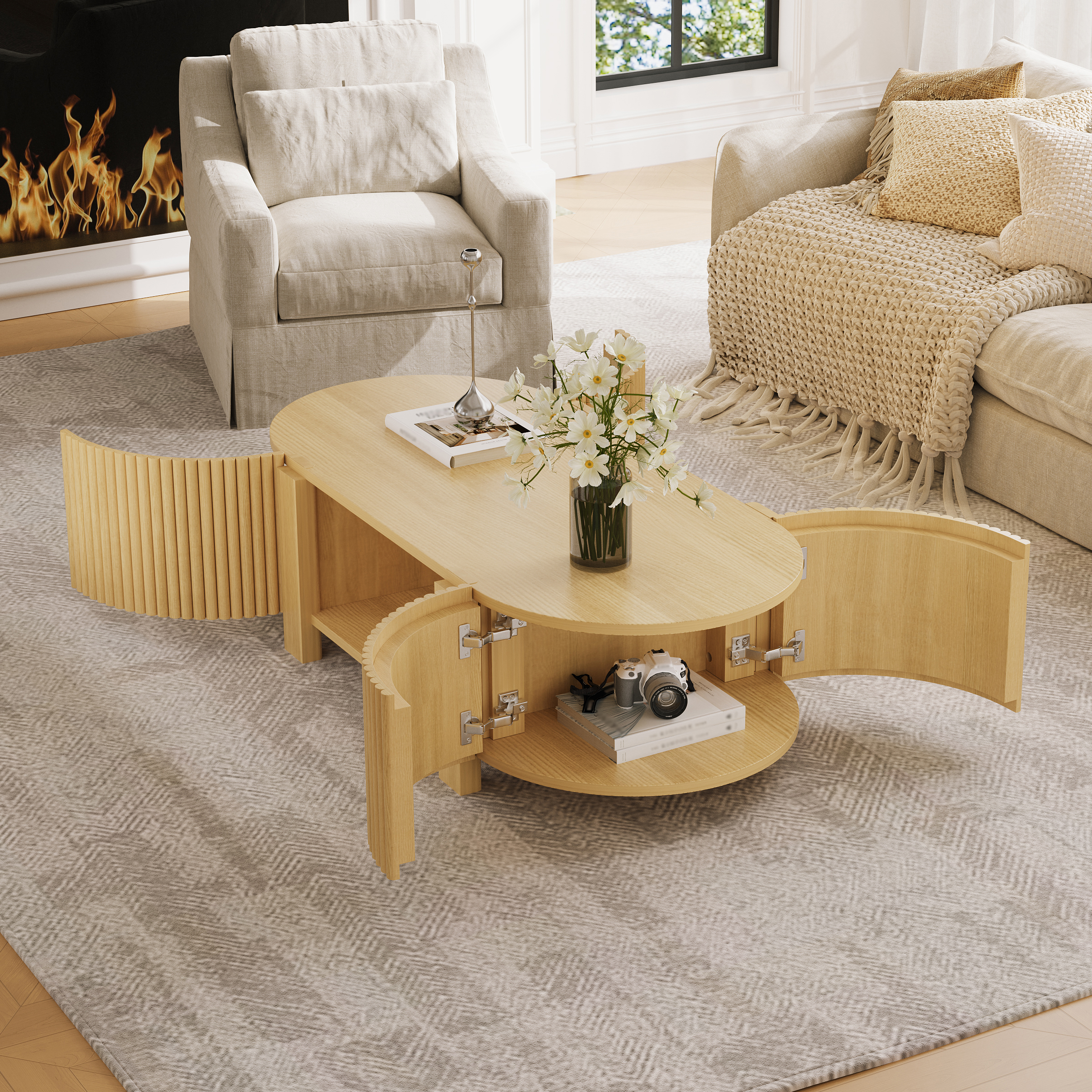 Euroco Oval Fluted Coffee Table with Storage for Living Room, 1 shelf & 2 Open Storage Doors, Natural, 47"