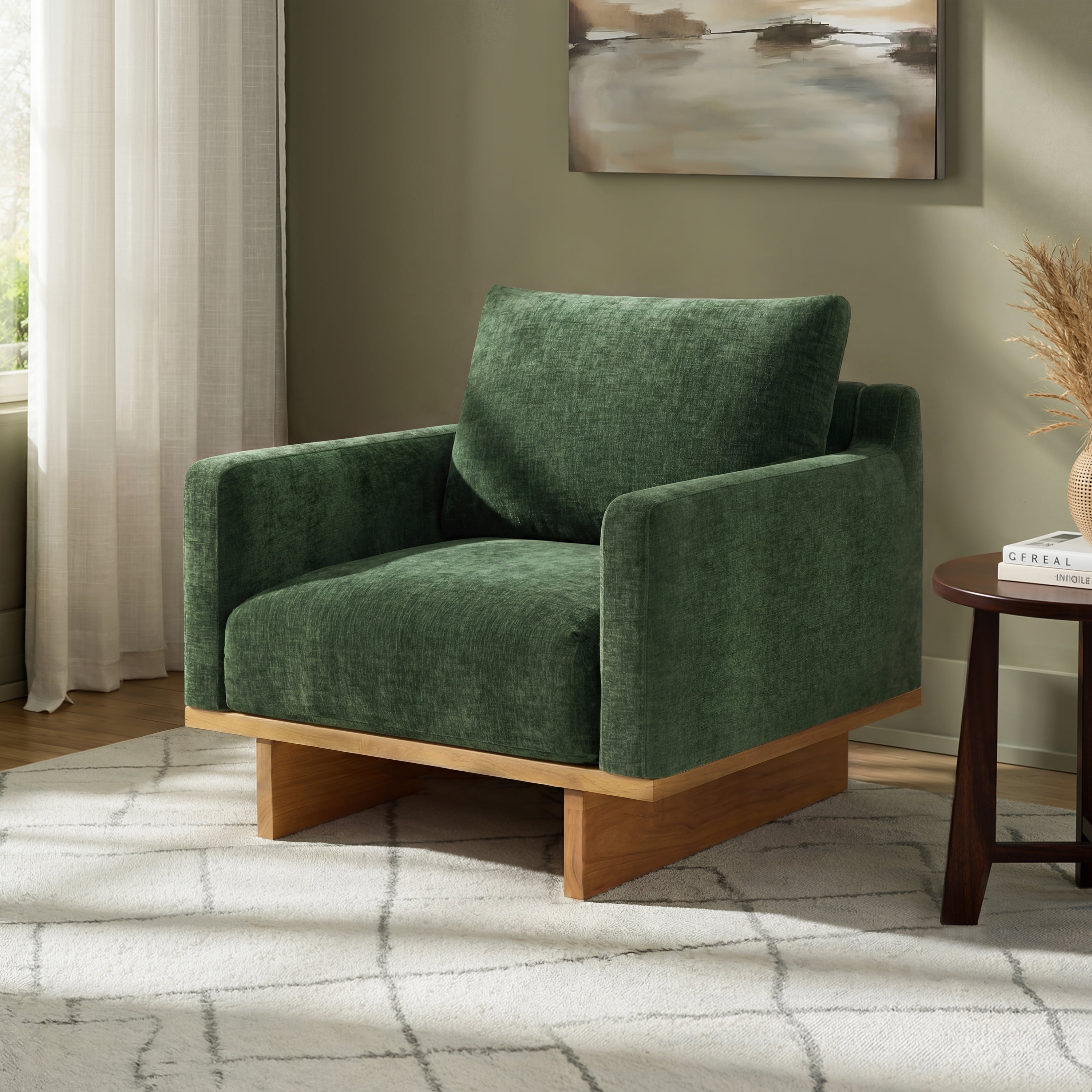 Euroco Oversized Accent Chair, Modern Minimalist Comfy Reading Chair with Solid Wood Frame,Upholstered Armchair, Wide Singe Modern Lounge Sofa for Living Room, Bedroom,Green