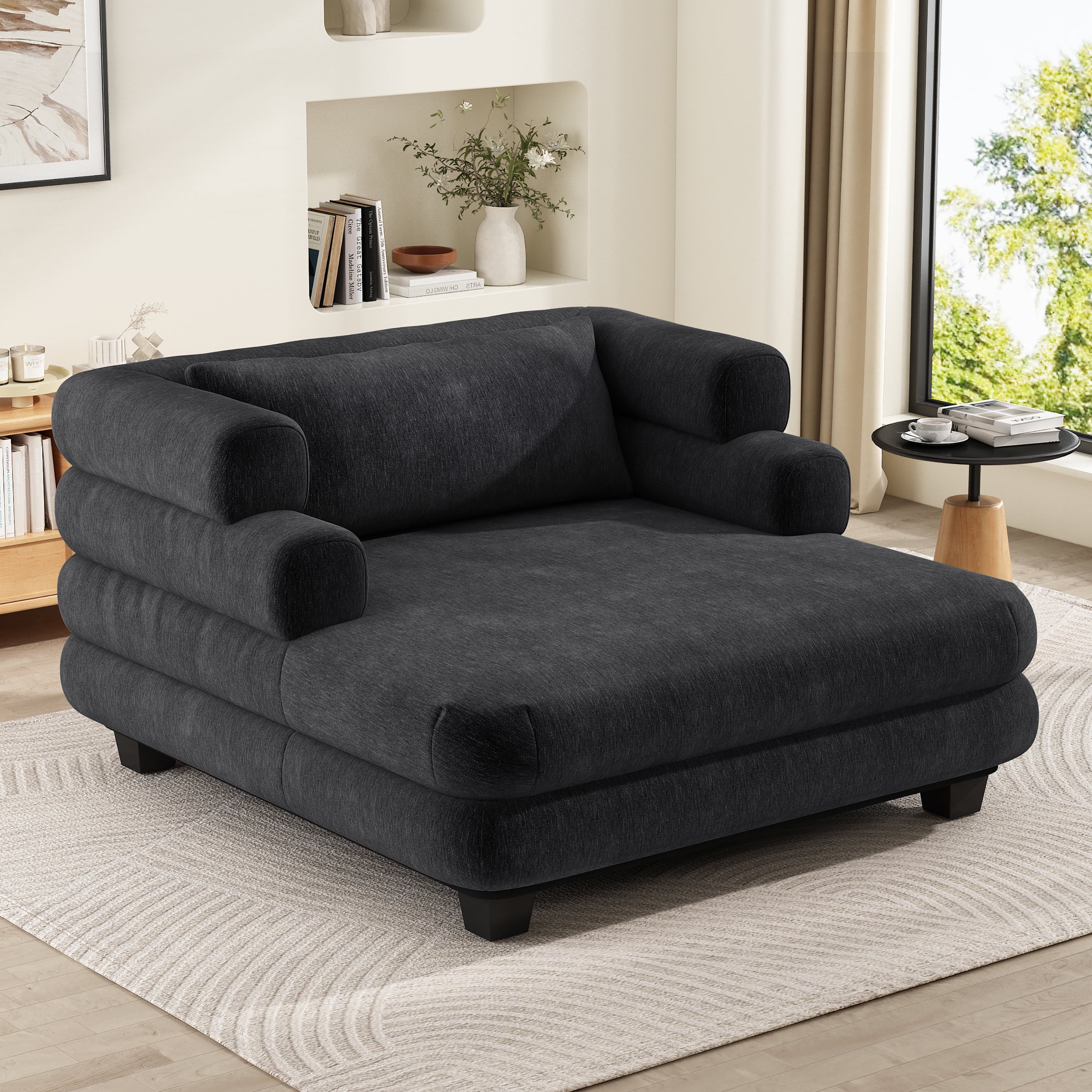 Euroco Oversized Chaise Lounge 52.4" Modern Comfy Lounger Chenille Upholstered Sofa Bed with Deep Seat and Layered Armrests for Living Room or Bedroom, Black