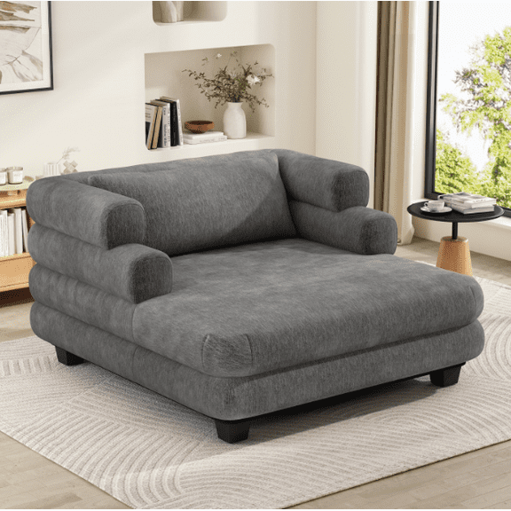 Euroco Oversized Chaise Lounge 52.4" Modern Comfy Lounger Chenille Upholstered Sofa Bed with Deep Seat and Layered Armrests for Living Room or Bedroom, Grey