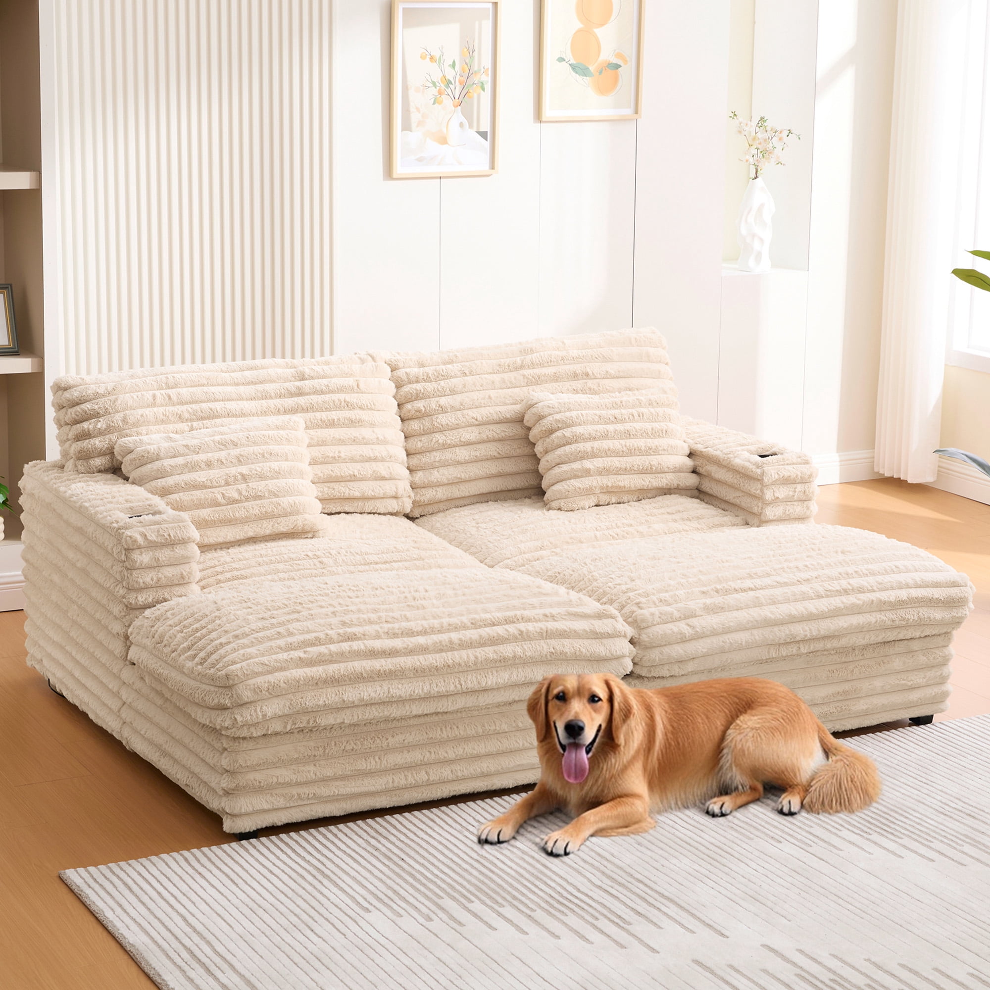 Euroco Oversized Double Chaise Lounge Sofa 83.5" Sofa Bed Cloud Couch Plush Upholstered Sleeper Sofa Daybed with Two Supportive Pillows, USB Ports and Cup Holders for Living Room, Champagne