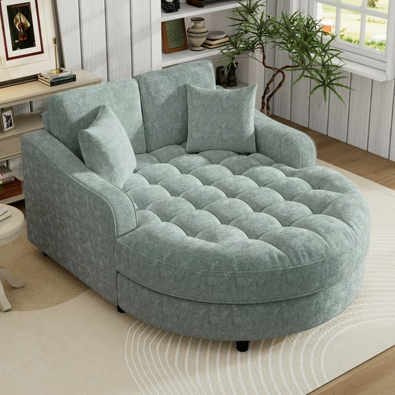 Euroco Oversized Round Chenille Chaise Lounge with Tufted Seat, Removable Pillows & High-Density Cushion – Modern Upholstered Lounge Chair for Bedroom or Living Room