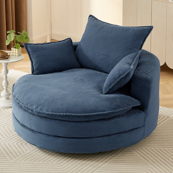 Euroco Oversized Round Swivel Chair with Corduroy Upholstery and Deep Seat, 360° Rotation Lounge Chair with Pillows for Living Room or Bedroom – 57.5" W x 56.5" D x 35.25" H