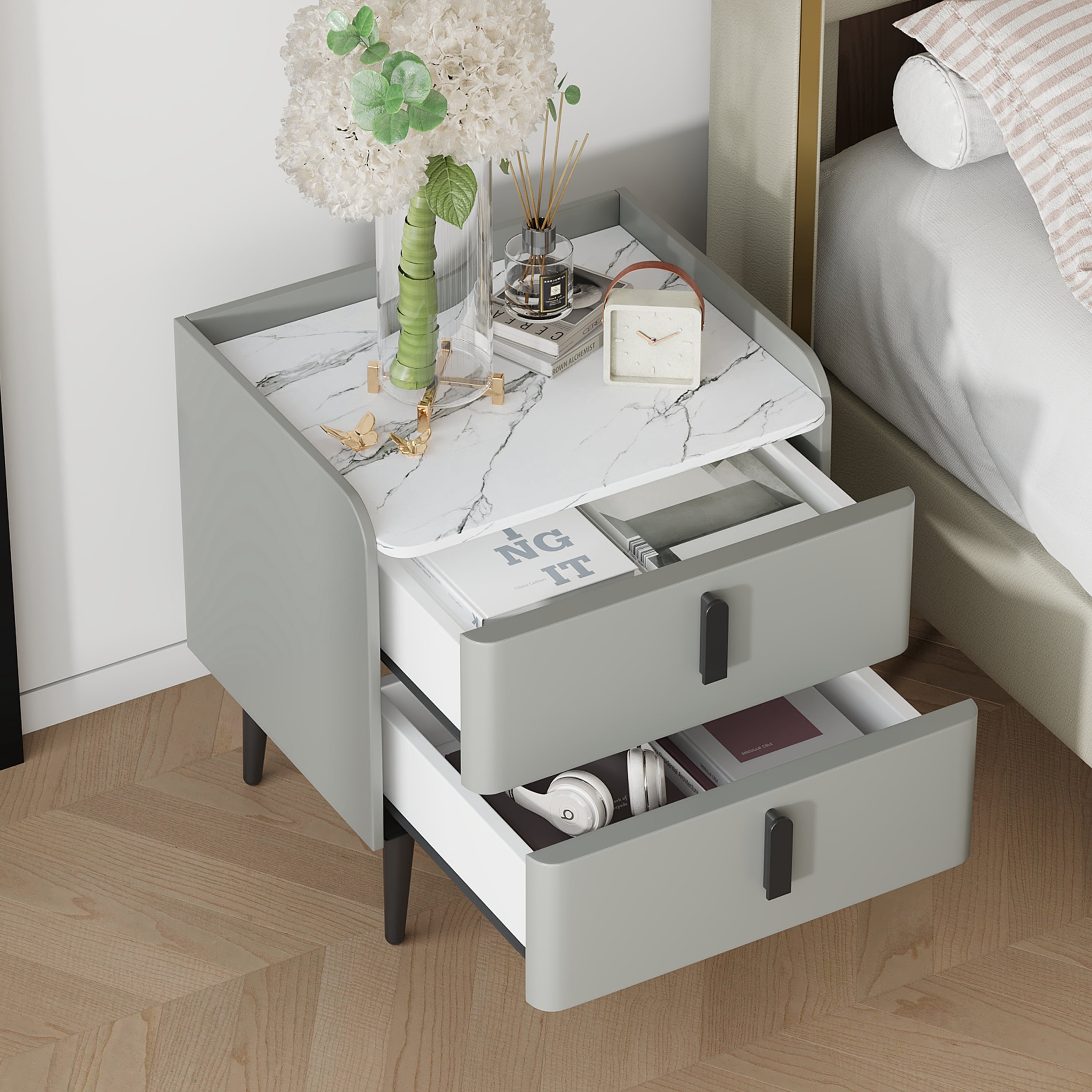 Euroco PU Leather Nightstand with 2 Drawers,Modern Bedside Table End Table for Bedroom, Living Room,Gray