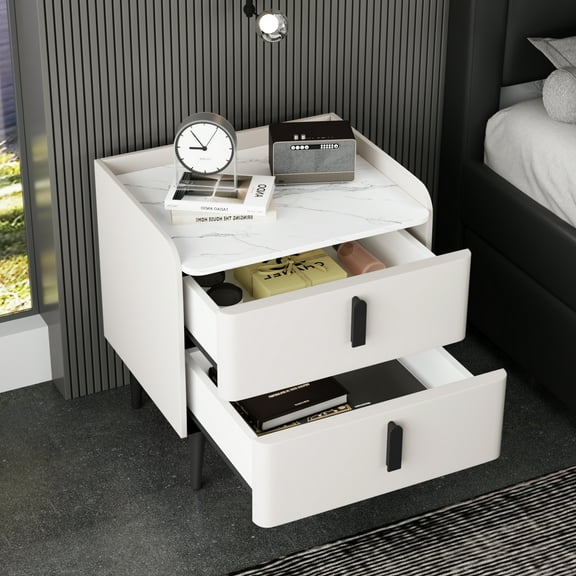 Euroco PU Leather Nightstand with 2 Drawers,Modern Bedside Table End Table for Bedroom, Living Room,White