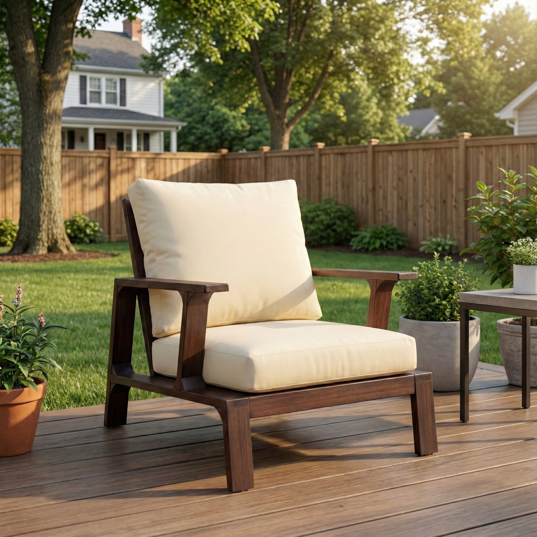 Euroco Patio Accent Chair 27.6" Wood Chair Outdoor Lounge Chair for Patios, Gardens, or Balcony, Dark Brown +Beige Cushion